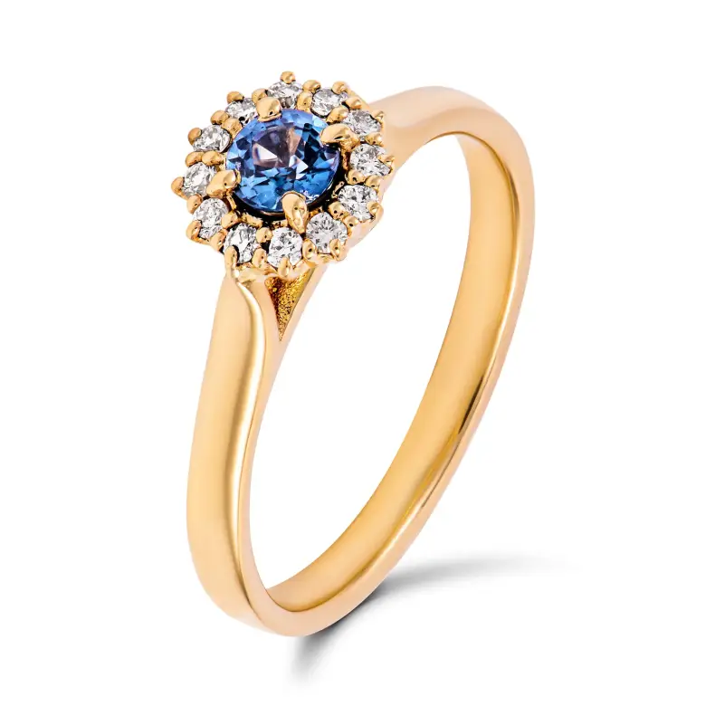 Złoty pierścionek z szafirem i diamentami Złoty pierścionek z szafirem i diamentami